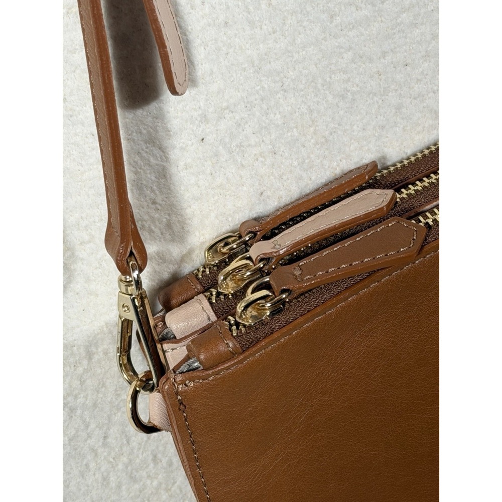 Elisabetta Yang Leather Crossbody Bag Brown Italian Double Zip Gold - Picture 3 of 16